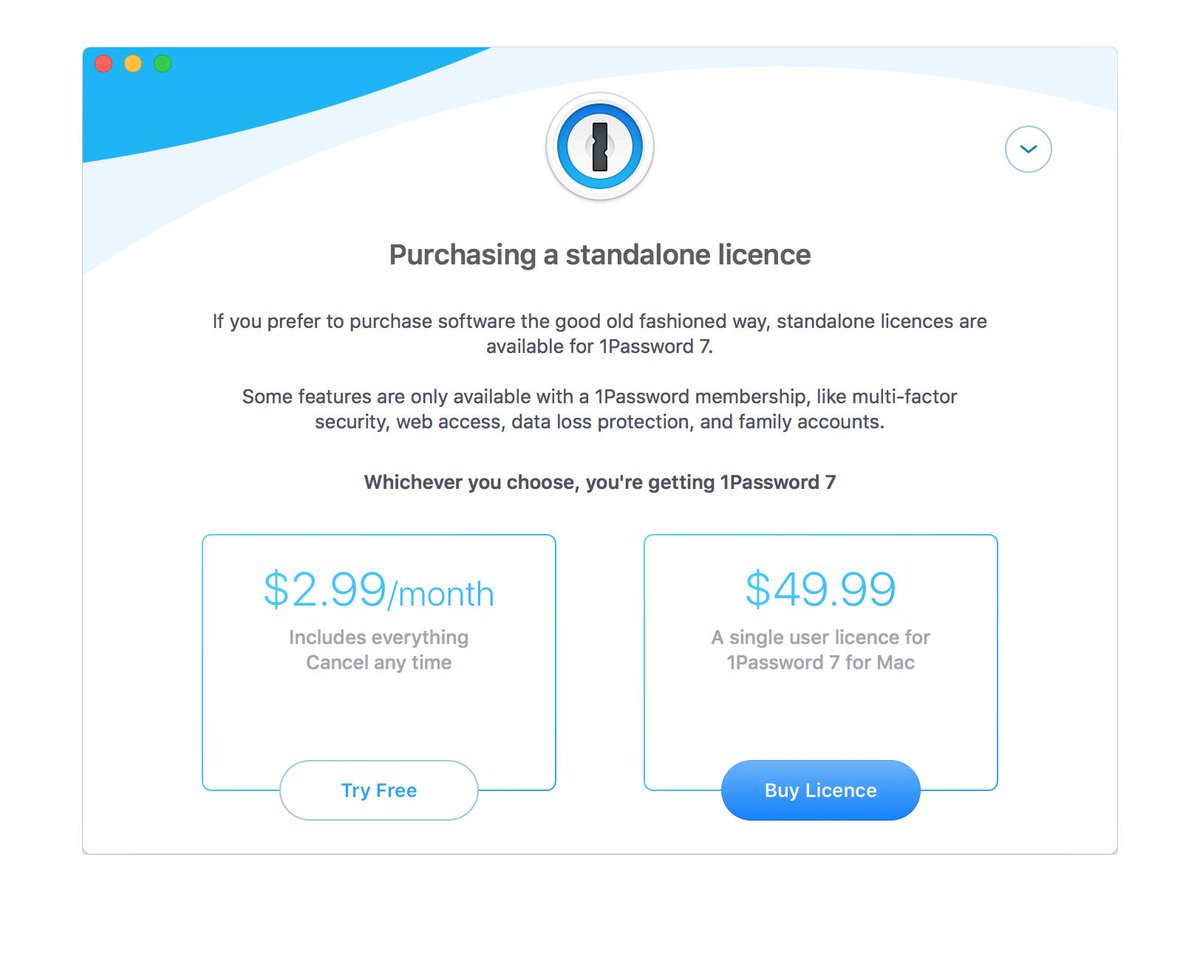 1Password 7 upgrade screen presenting 1Password Memberships alongside standalone licenses